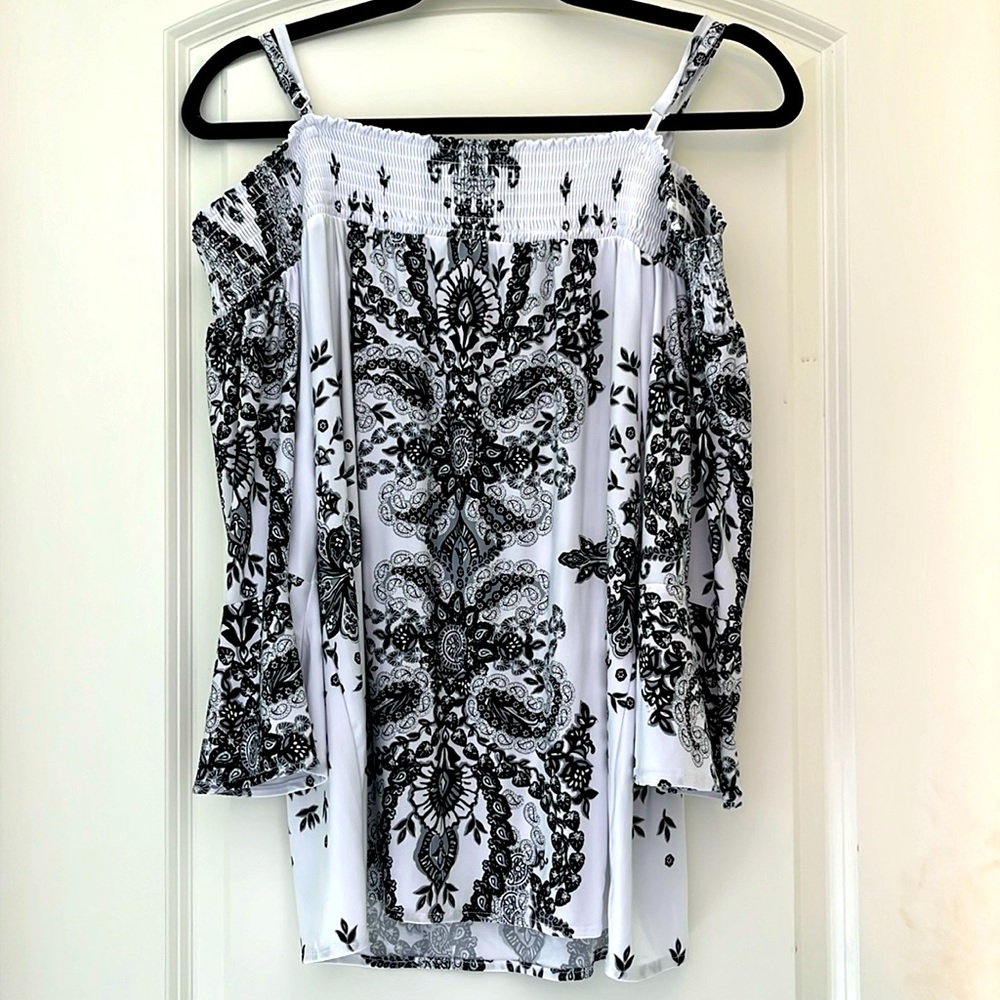 Medium INC jersey knit off-the-shoulder top with 3/4 bell sleeves.